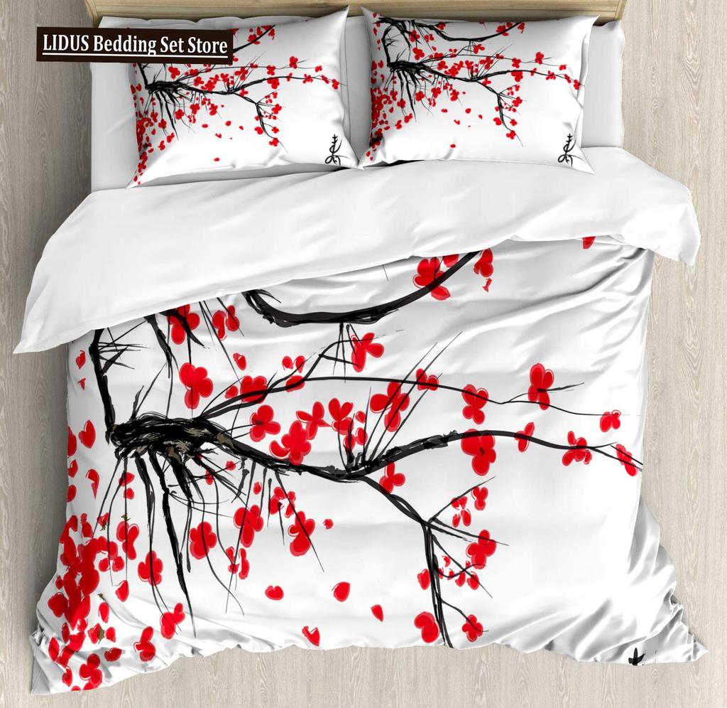 Japanese Duvet Cover Set,Branch Of A Flourishing Sakura Tree Flower Cherry Blossoms Spring Theme Art Japan Bedding Set Full Size