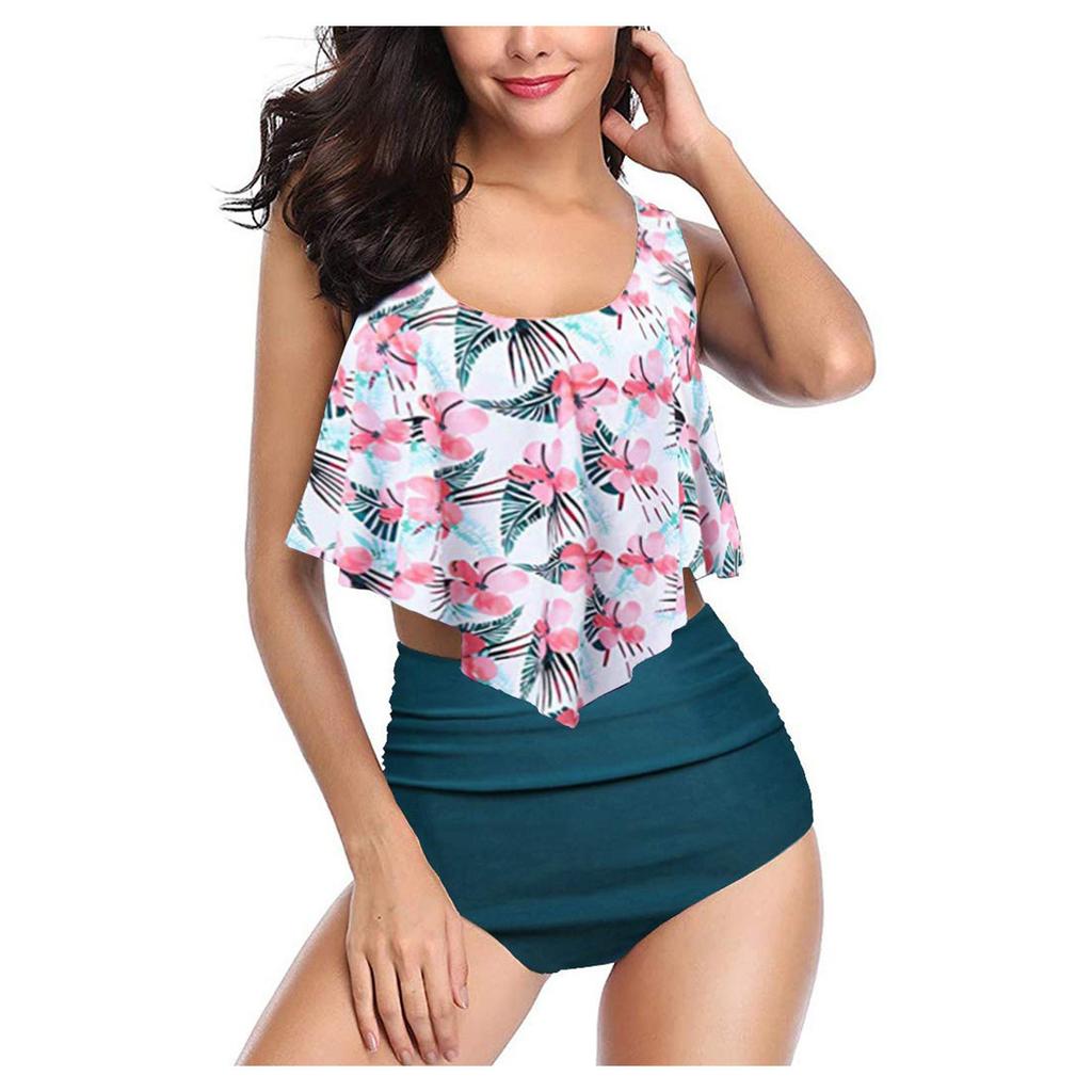 Women's Sexy Printed High Waist Bikini With Ruffled Prints, Belly Band And Breast Pads, Slimming Split Swimsuit