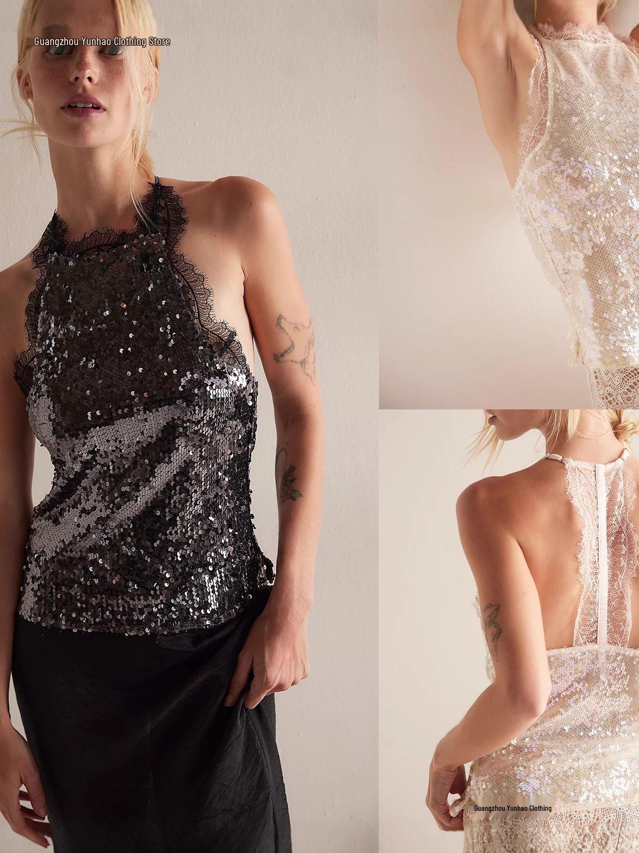 Spring Women s Sequin Lace Patchwork Halter Camisole Medium белый
