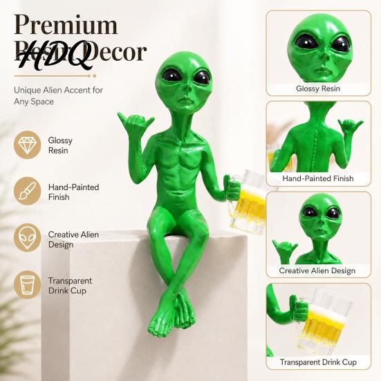 Green Alien Figurine for Fish Tank Fuunny Statue, with Beer Glass Figurine, Home Office Funny Sculptures Wine Cabinet Bar Pub Game Room Desktop Shelf