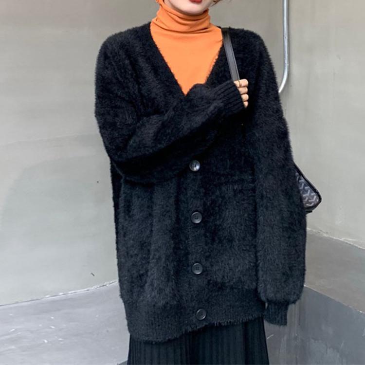 Mink Cashmere V-Neck Knit Cardigan: 2026 Spring/Autumn Korean Style Loose Sweater Coat for Women