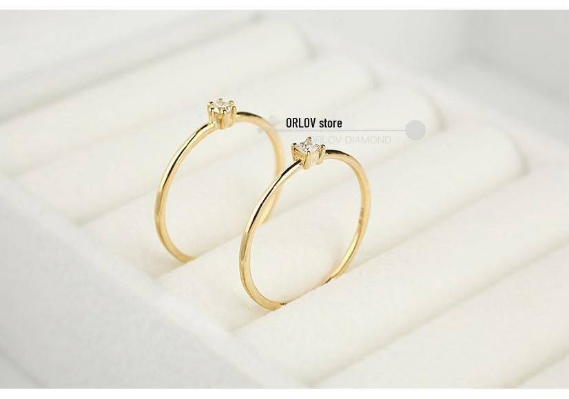14K Gold-Plated 925 Sterling Silver Women's Ring with Princess-Cut Zirconium, Korean Japanese Style, Thin Band Tail Ring
