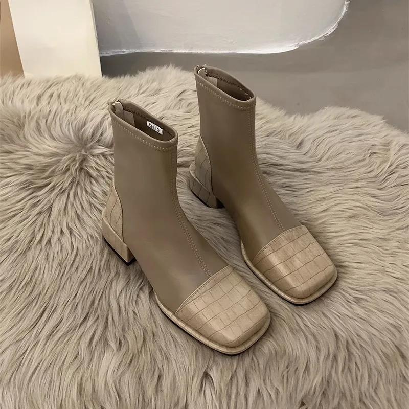 

Women s Back Zip Nude Boots Fashion Square Head Chunky Heeled Shoes Non-slip Lightweight Thick Sole High Heels 39 абрикосовий