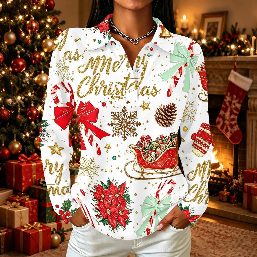 Women's Casual Christmas Print Long Sleeve Button Down Shirt with Lapel Collar and Side Slits