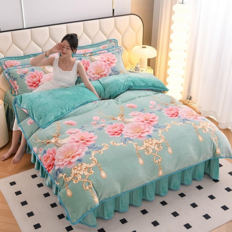 

2025 new thickened milk fleece four-piece warm fleece double-sided quilt cover winter coral fleece high-end bed skirt 1.5m bed skirt 4pcs