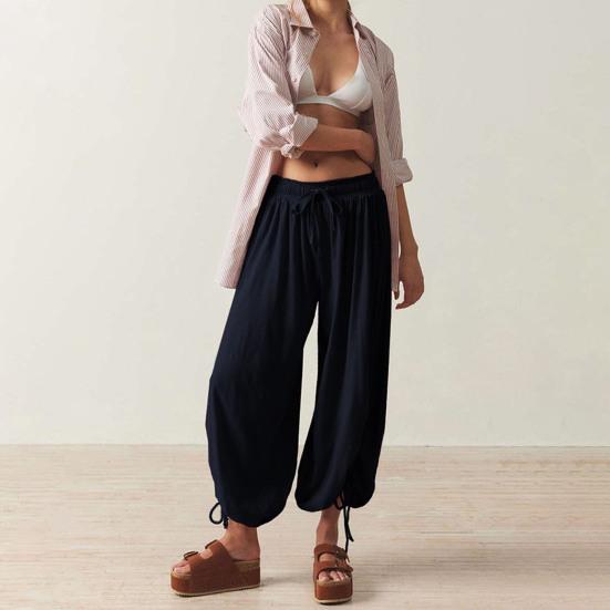 Women Bloomers High-Drape Side Shirring Wide Leg Pants with Elastic Waistband Adjustable Drawstring Pure Color Casual