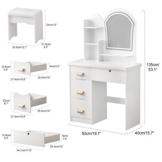 Makeup Vanity Desk with LED Lighted Mirror, Vanity Table with 4 Drawers and Opening Shelves, Bedroom Dressing Table with Stool