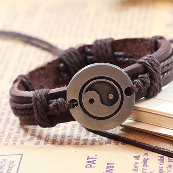 Men Women Alloy Tai Ying Yang Pattern Faux Leather Braid String Bracelet Chain