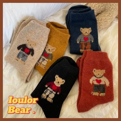 Ladies Autumn Winter Thickened New Sweet Cartoon Bear Wool Medium Tube Pile Socks