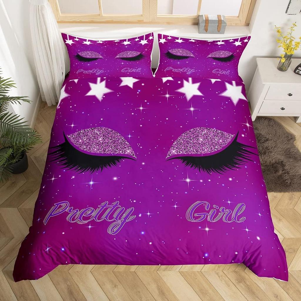 Girls Crown Eyelash Duvet Cover Twin Queen Size Gorgeous Glitter Diamond Princess Style Bedding Set Romantic Bowknot Quilt Cover