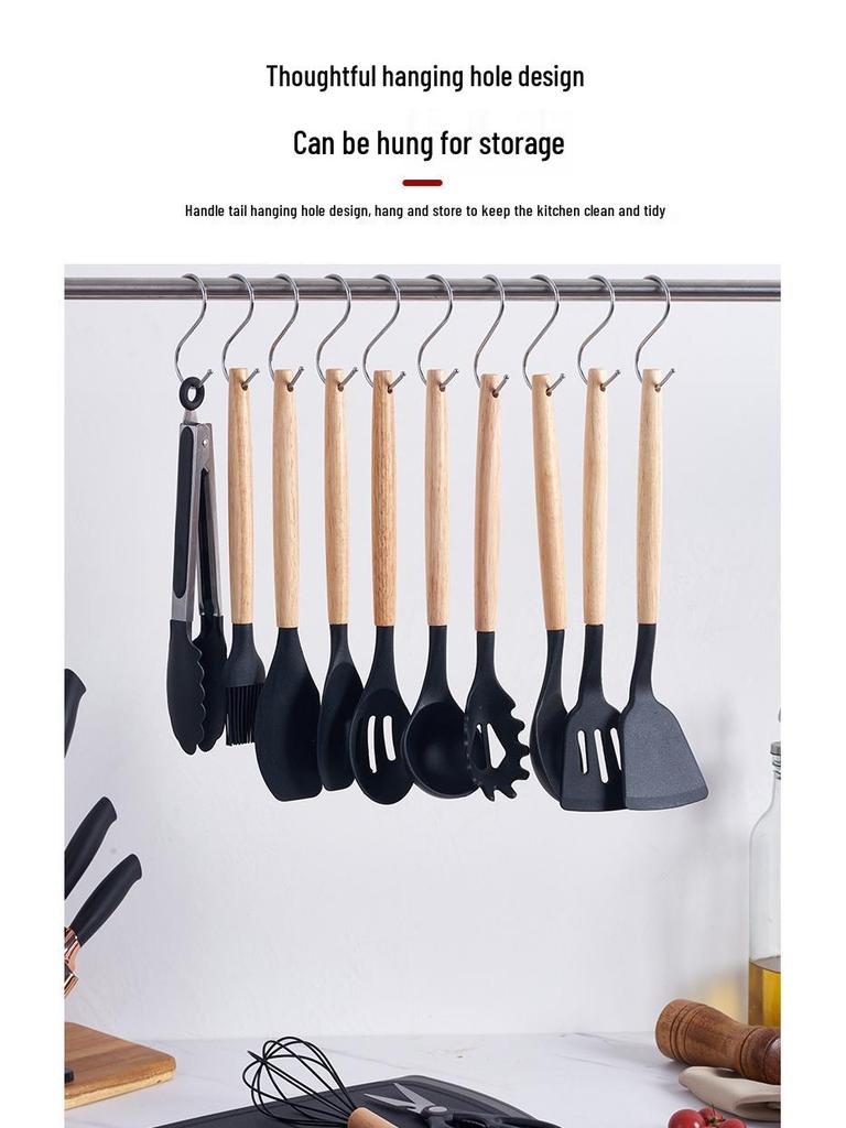 19-Piece Wooden Handle Silicone Kitchen Utensil Set with Spatulas, Spoons, Storage Bucket, and Knife Set