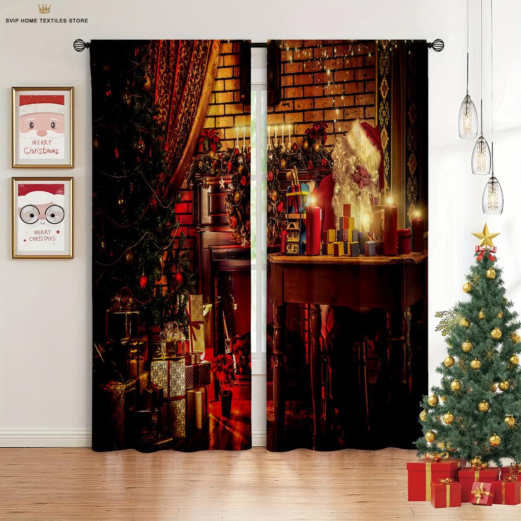 2pcs Snowflake Santa Claus Christmas Decorative Curtains Holiday Party Decorative Curtains New Year Gifts Machine Washable