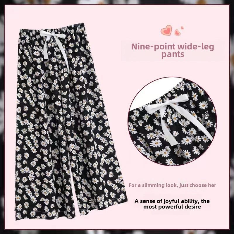 Women's Summer Loose-Fit Wide-Leg Pajama Pants - Imitation Cotton Silk, Nine-Point Length, Wear Indoors or Out