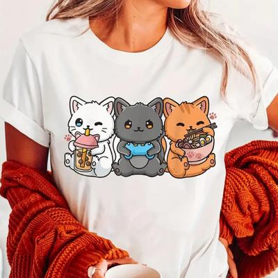 Moda feminina três gatos fofos estampa camiseta engraçada casual gola redonda manga curta camiseta verão camiseta feminina