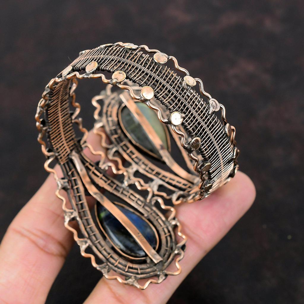 Carved Labradorite Bangle Copper Wire Wrapped Cuff Bracelet Adjustable Bangle Gemstone Cuff Bracelet Copper Handmade Jewelry Gift For Mother