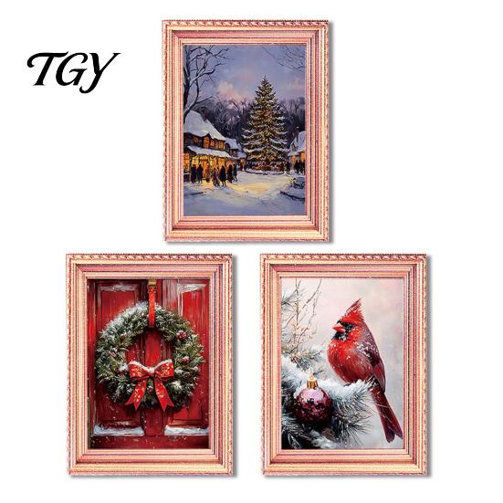 Christmas Refrigerator Magnets 3Pcs Light-up Frame Magnet, Vintage Wooden Picture Frames with Lights Fridge Glowing Magnetic Holder for Cabinet Locker