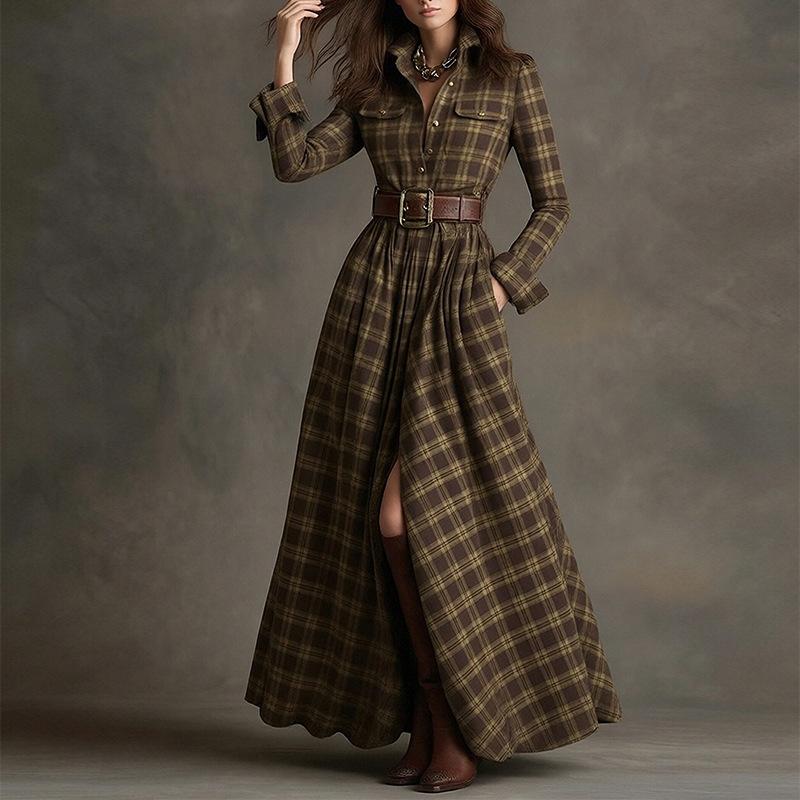 Women's Collar Long Sleeve Maxi Dress Slim Fit High Waist Plaid Print Split Shirt Dress