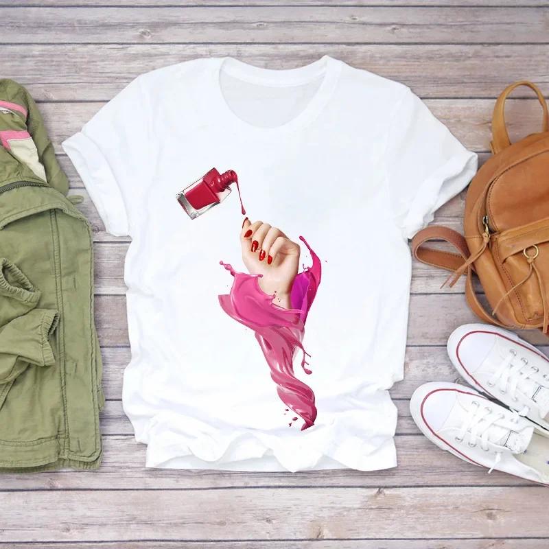Fashion Short Sleeve White T-Shirt for Women Nail Art Makeup Beauty Style Inspired by Europe And America Summer Polyester Fabric
