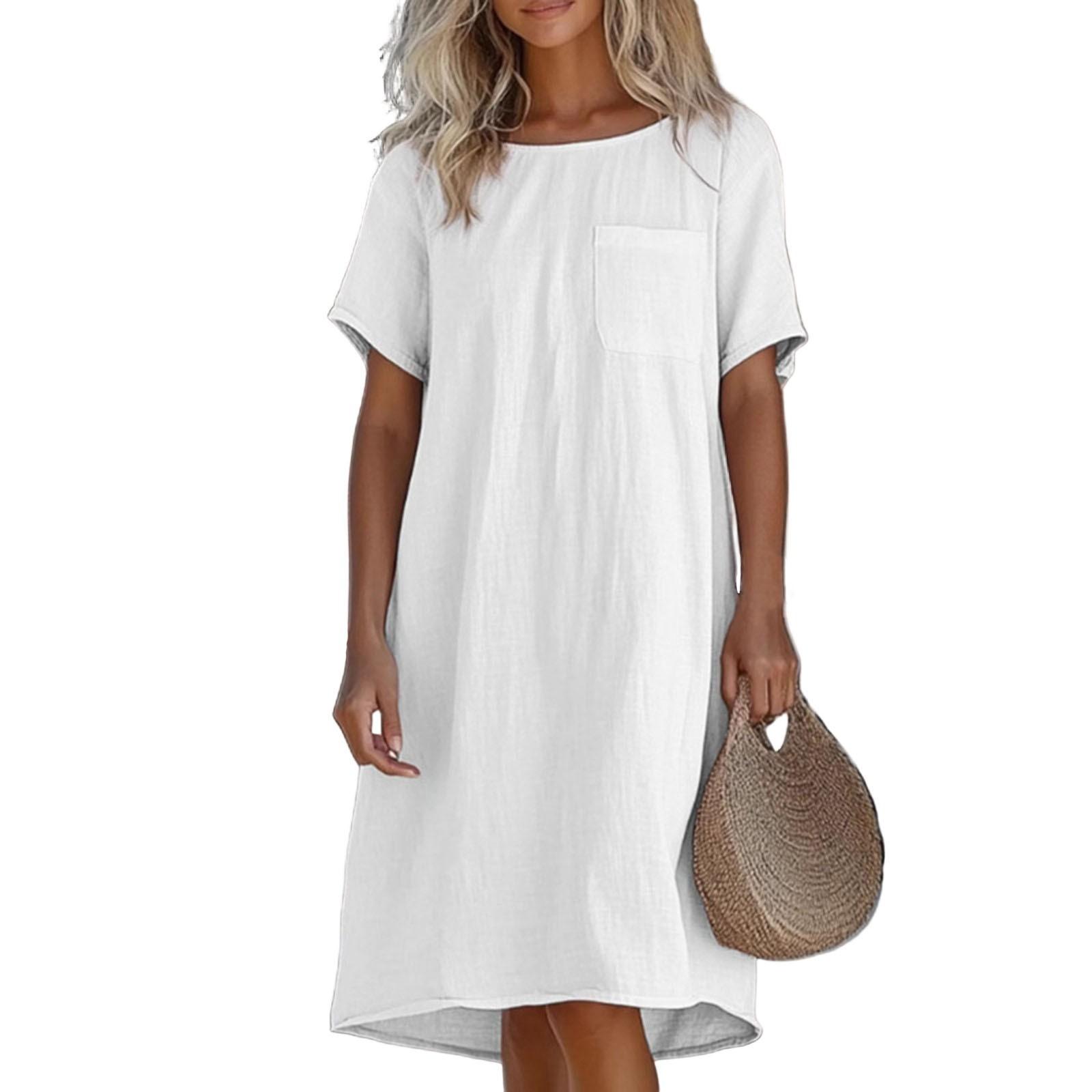 

Женские модные повседневные свободные однотонные платья с круглым вырезом и коротким рукавом из хлопка и льна XL белый