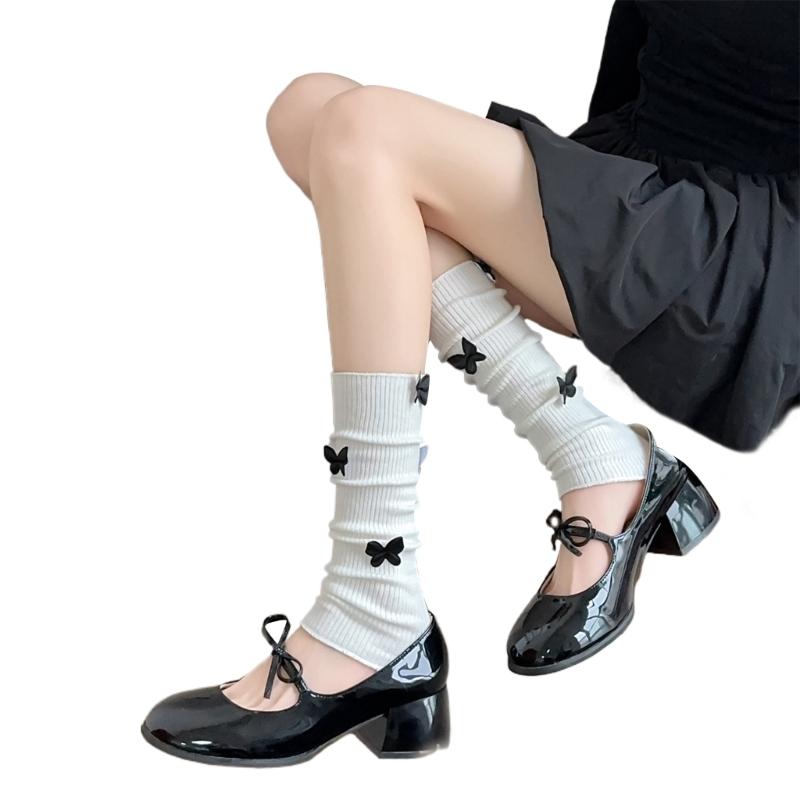 Womens Girls Ballet Style Ribbed Knit Stretch Leg Warmer Japanese Aesthetic Sweet 3D Butterfly Leg Cover Footless Socks