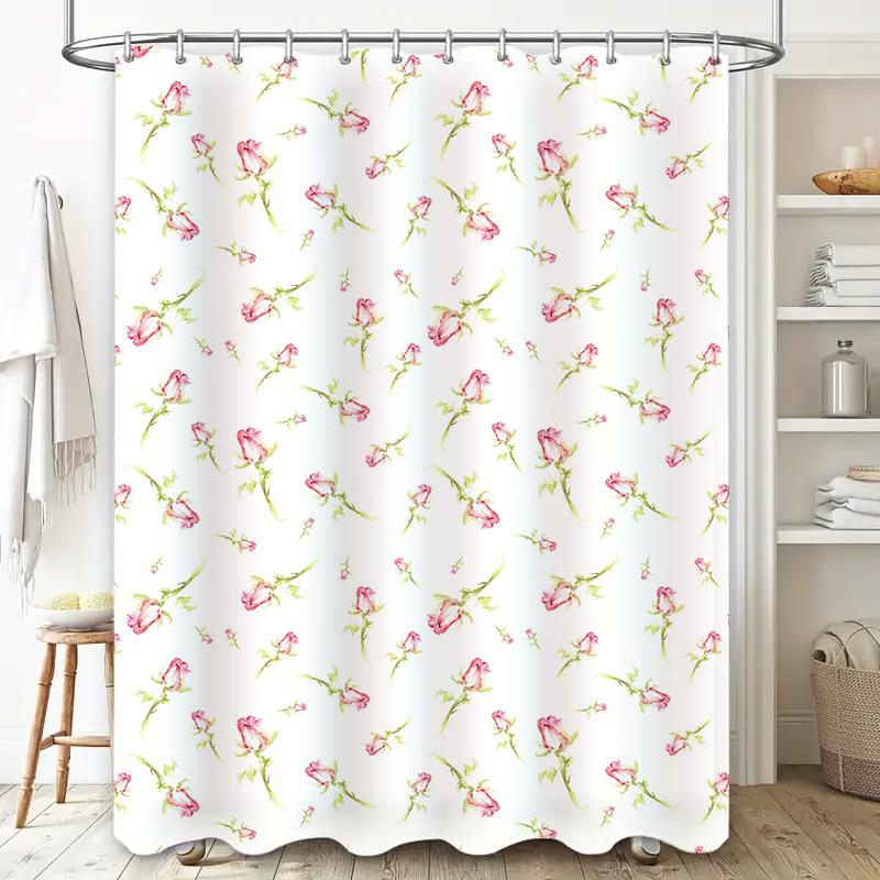 Aquarellrosen Duschvorhang-Set Rosa Blumendesign Für Badezimmerdekoration Anpassbare Größe Einfache Installation Wasserdichtes Gewebe