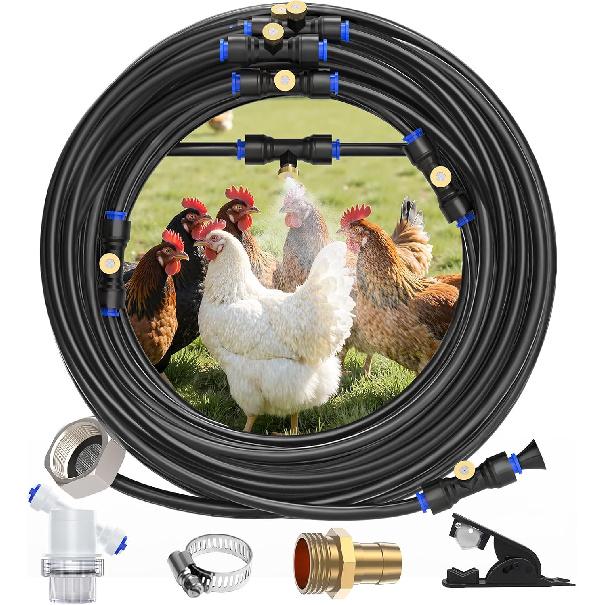 Chicken Coop Mister, 26FT Chicken Cooling System with 12 Brass Mist Nozzles, Filter, Cutter & 3/4" Adapter, Backyard Chicken Misters for Coop,