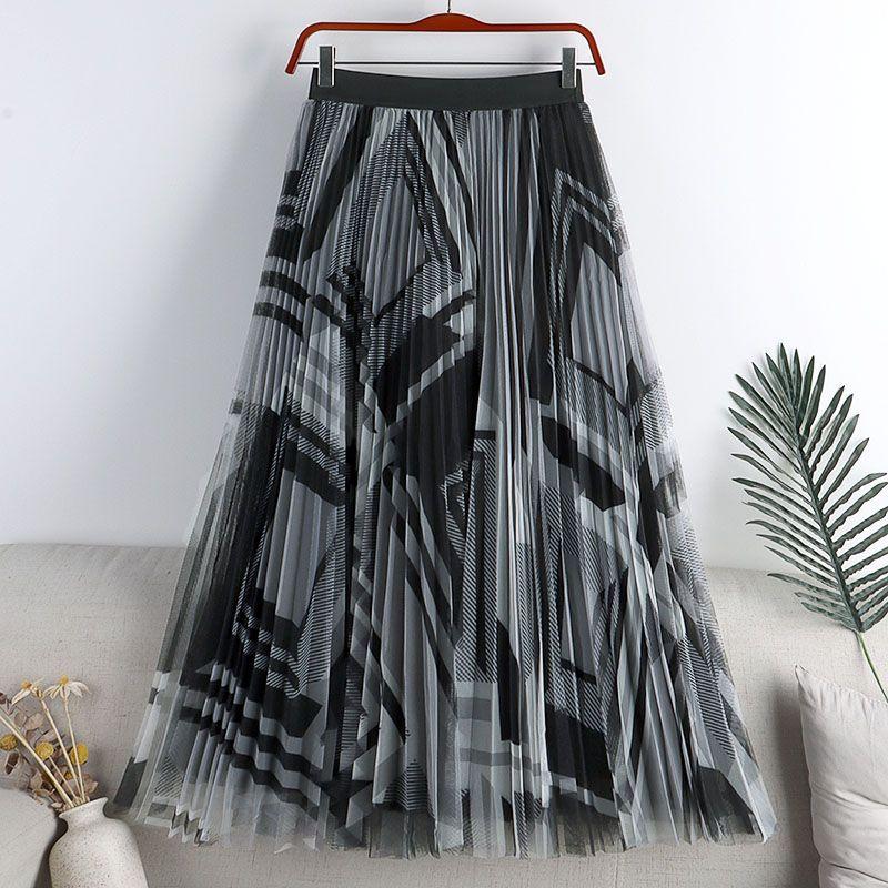 MOJTA Summer Women's Big Swing Skirt Mesh Printing Elastic Mid-length High Waist A-line Skirt