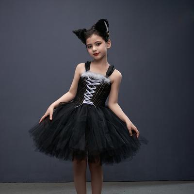 Costum Pisică Neagră Halloween Copii Animal Rochie Tutu Fancy cu Bandă pentru Cap cu Urechi Bebe Fete Haine Cosplay Tenuri Petrecere de Zi