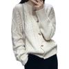 Women's Thick Wool Knit Cardigan - Raglan Sleeve Horn Buckle Pullover