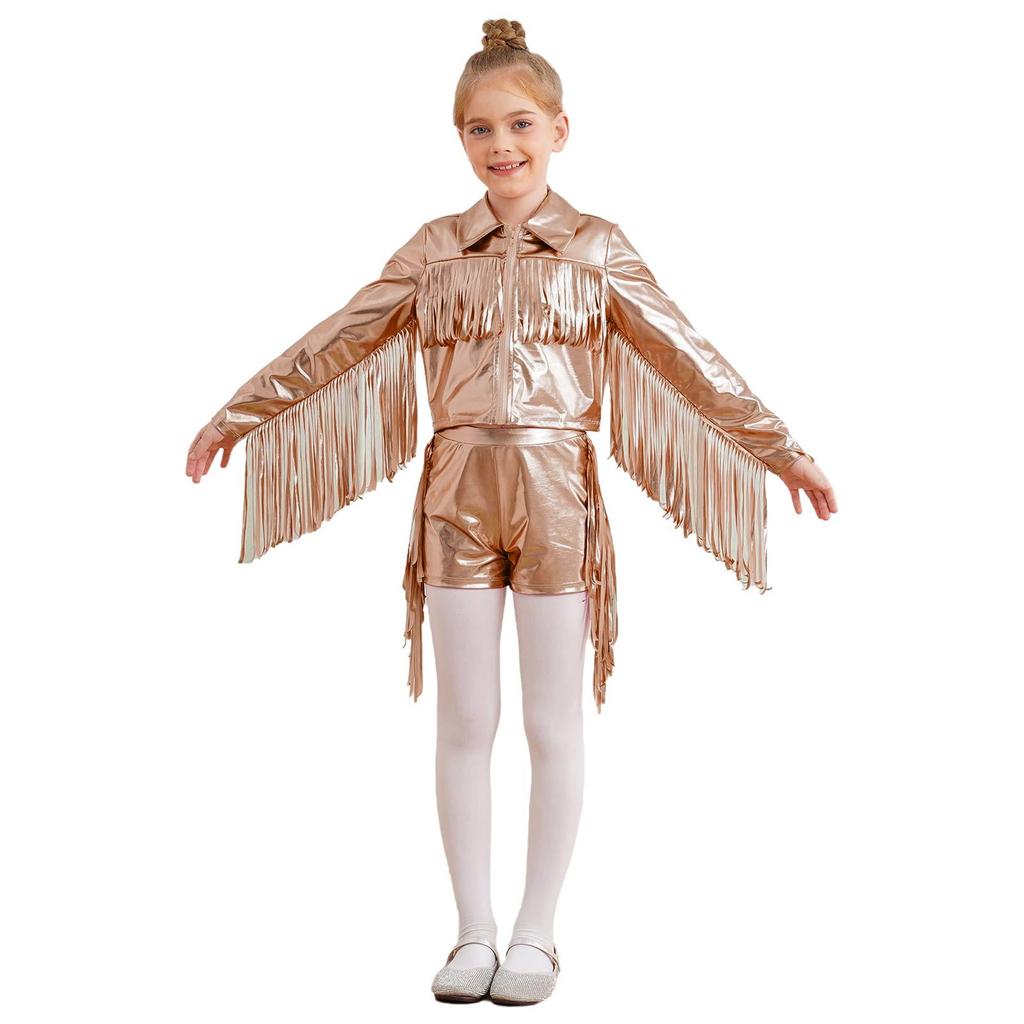 Mädchen Tanzjacke Quasten Fransen Metallic Top Umlegekragen Langarm Reißverschluss Glänzende Jacke Shorts