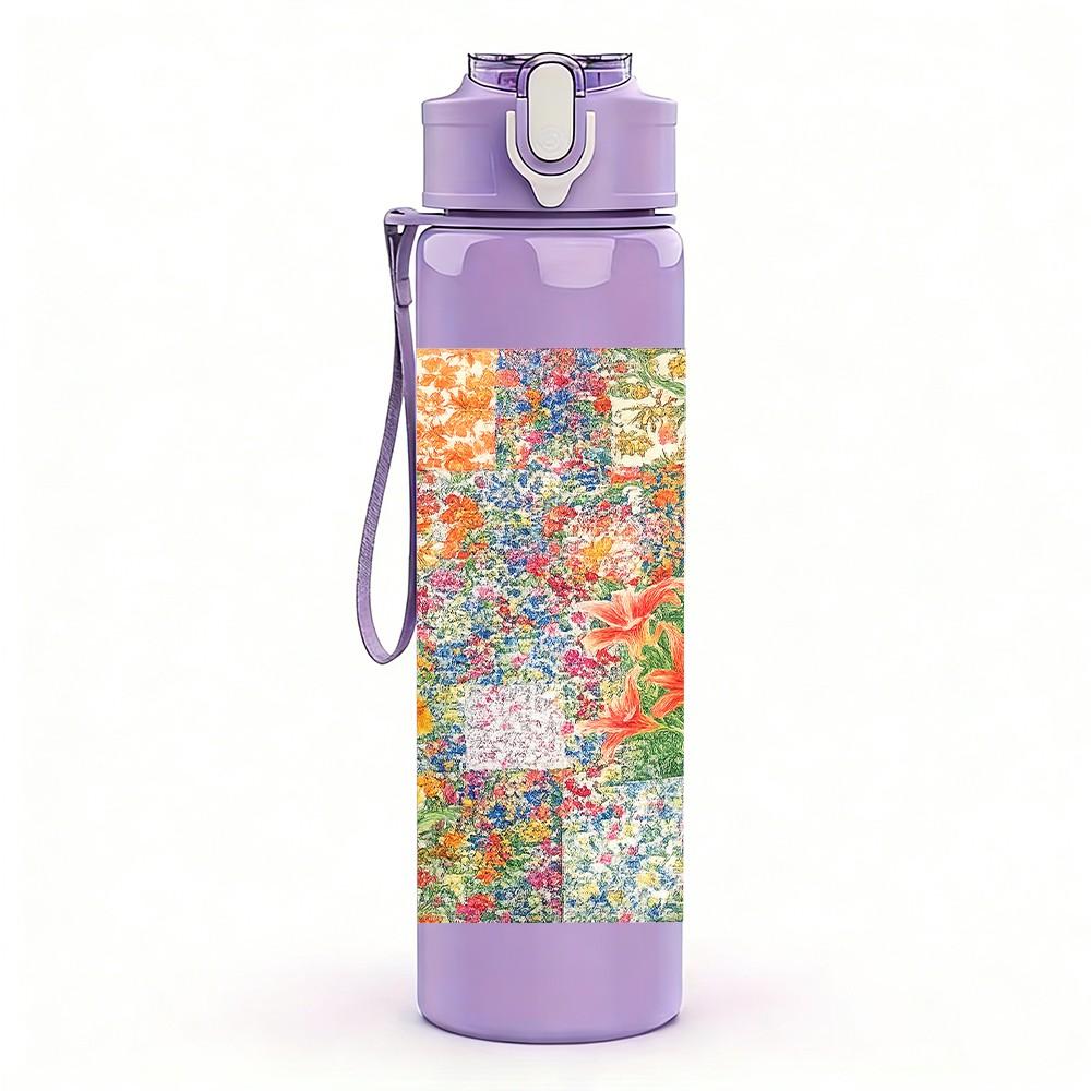 1PC Watercolor Floral Patch 750ml Color Plastic Sports Water Bottle Leakproof Flip Straw Lid Suitable for Sports Office Home Use