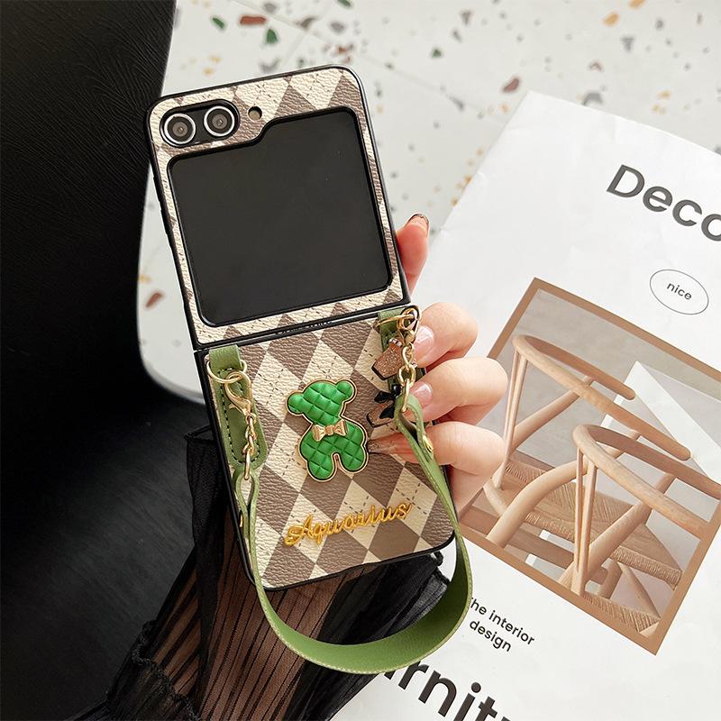 For Samsung Zflip6 Crossbody Rope Flip Phone Case P50 Folding Screen Xflip Bear Rhombus Letter Hard