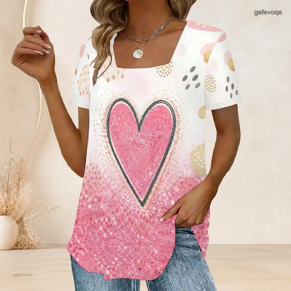 Women Plus Size Short Sleeve U Neck T Shirt Pink Glitter Heart Dot Gradient Print White Base Top