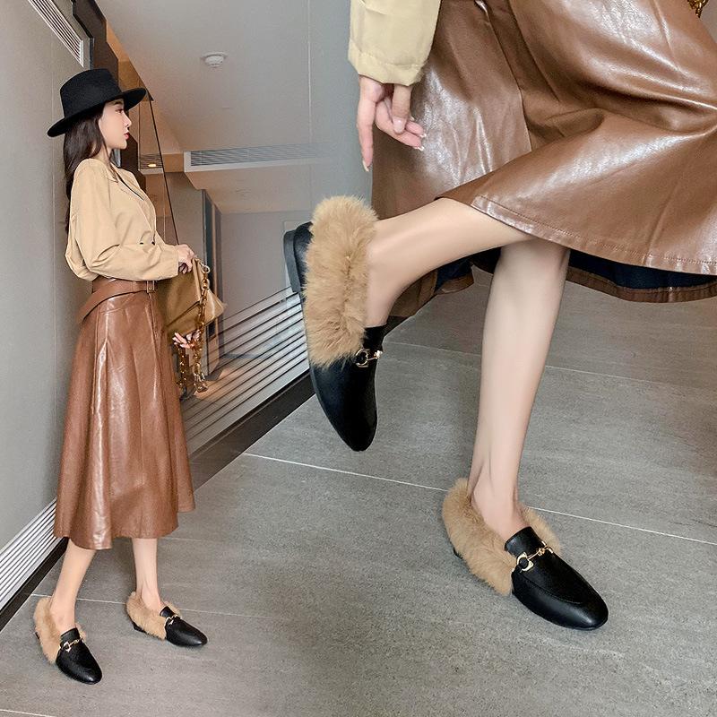 Retro Loafers Fashion Women'S Shoes Autumn And Winter Women Velvet Warm Flat-Bottomed Rabbit Fur Leather Shoes