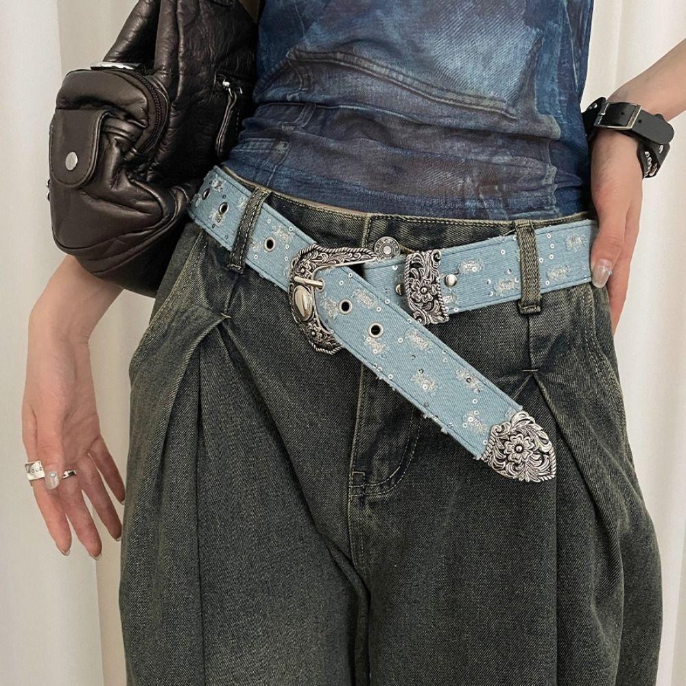 Y2k Retro Jeans Belt Korean Style Vintage Wide Belt Personality Metal Buckle Belts  Women