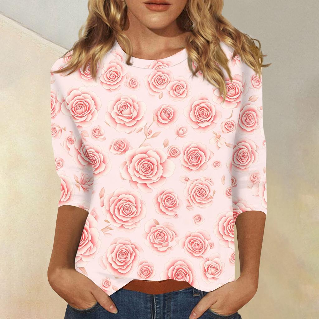 Damen Freizeit Oberteil mit Blumendruck, Dreiviertelärmel, Rundhalsausschnitt, Leicht, Bequeme Passform, Stilvolles Design, Geeignet für den Alltag