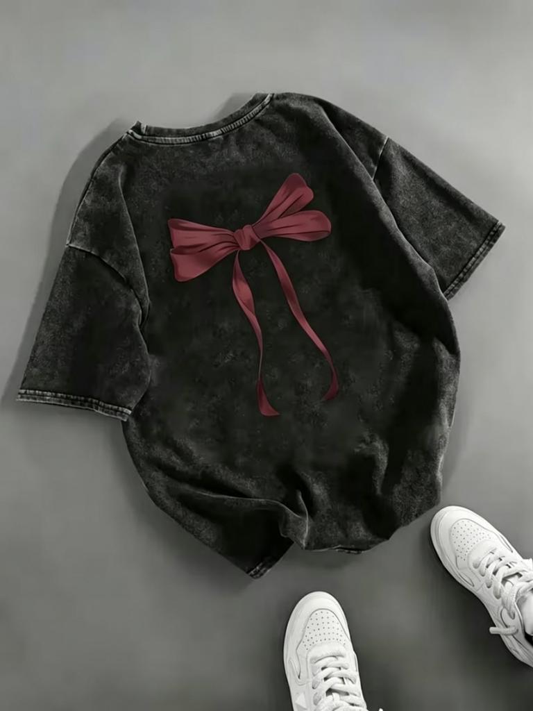 Pink Bow Knot Ribbon Graphic TShirt Relaxed Retro Washed Tee For Women Travel Daily Vacation Stylish Casual Street Looks