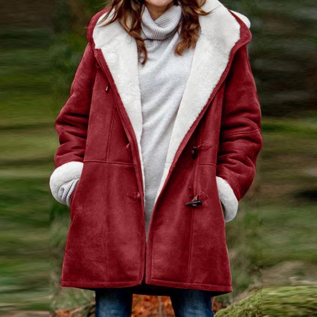 Femmes hiver grande taille solide Plus manteau de velours à manches longues corne boucle poche pardessus