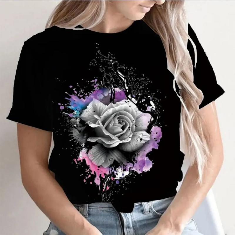 Modisches Damen Rundhals-T-Shirt Rundhals Kurzarm 3D Farbdruck