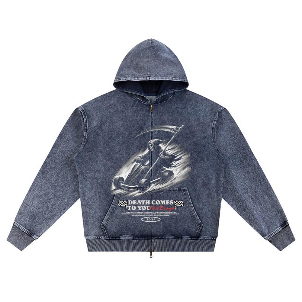 

Худи на молнии из вязаного денима с принтом Grim Reaper Brother, худи на молнии XL темно-синий