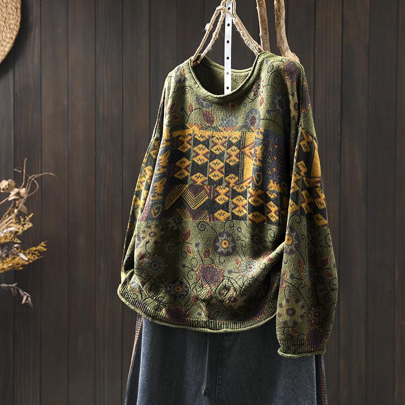Women's Retro Floral Cotton Knit Sweater: Loose, Large, Round Neck, Pilling-Resistant Pullover for Spring & Autumn