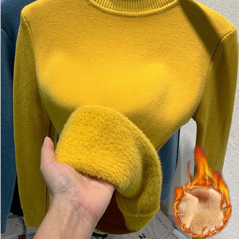 Pulover cald coreean Pulover Femei Iarna Subțire Îngroșare Pluș Căptușit din catifea Tricoturi Jumper Jumătate Gât țesut Poleras Topuri din tricot moale