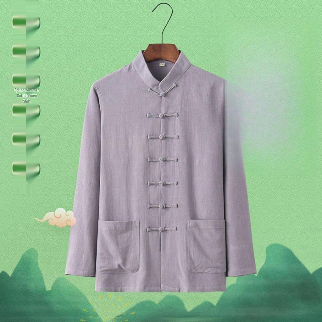 Men's Bamboo Cotton & Linen Retro Tang Suit Shirt for Spring/Summer - Long-Sleeved Kung Fu Tai Chi Tea Service