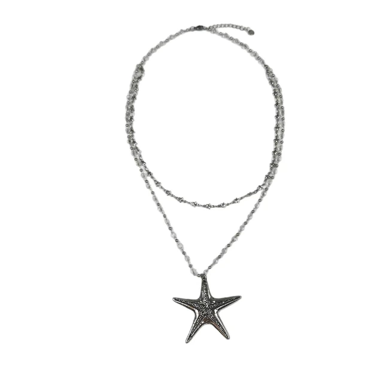 

European and American new minimalist star double-layer silver starfish beaded necklace long sweet and cool Spice Girl style accessories women