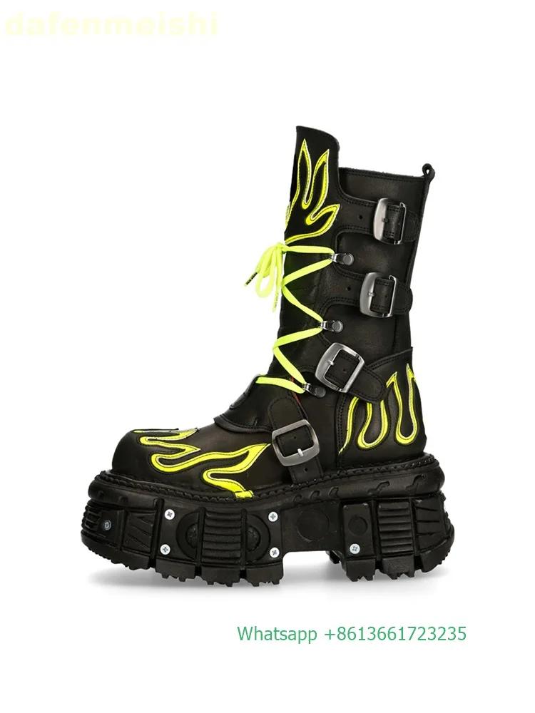 Retro Dark Style Punk Motorcycle Boots Flame Thick-Soled Boots Men/women Rock Boots Lace Up Belt Buckle Mid-Calf Boots
