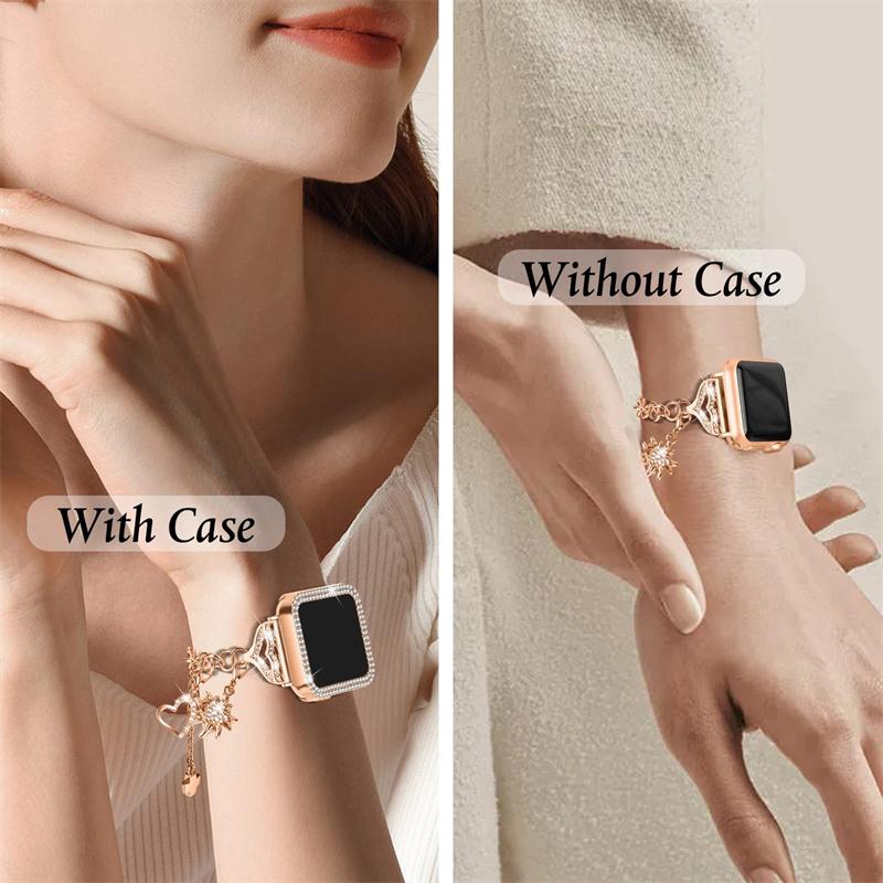 For Apple Watch Series 9/8/7 41mm Rhinestone Decor Watch Band Pendant Bracelet Replacement Metal Strap with Hollow-out PC Watch Case