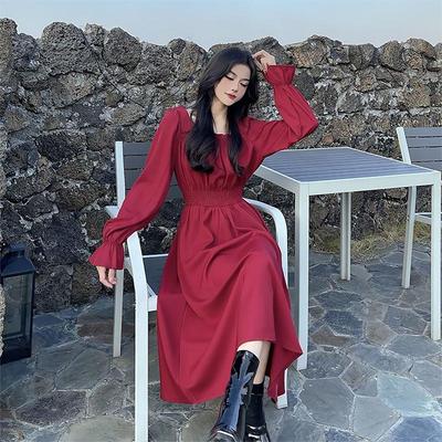 French Retro Square Collar Long Sleeve Dress Elastic High Waist A-line Skirt Temperament Gentle Slim Skirt Princess Dress