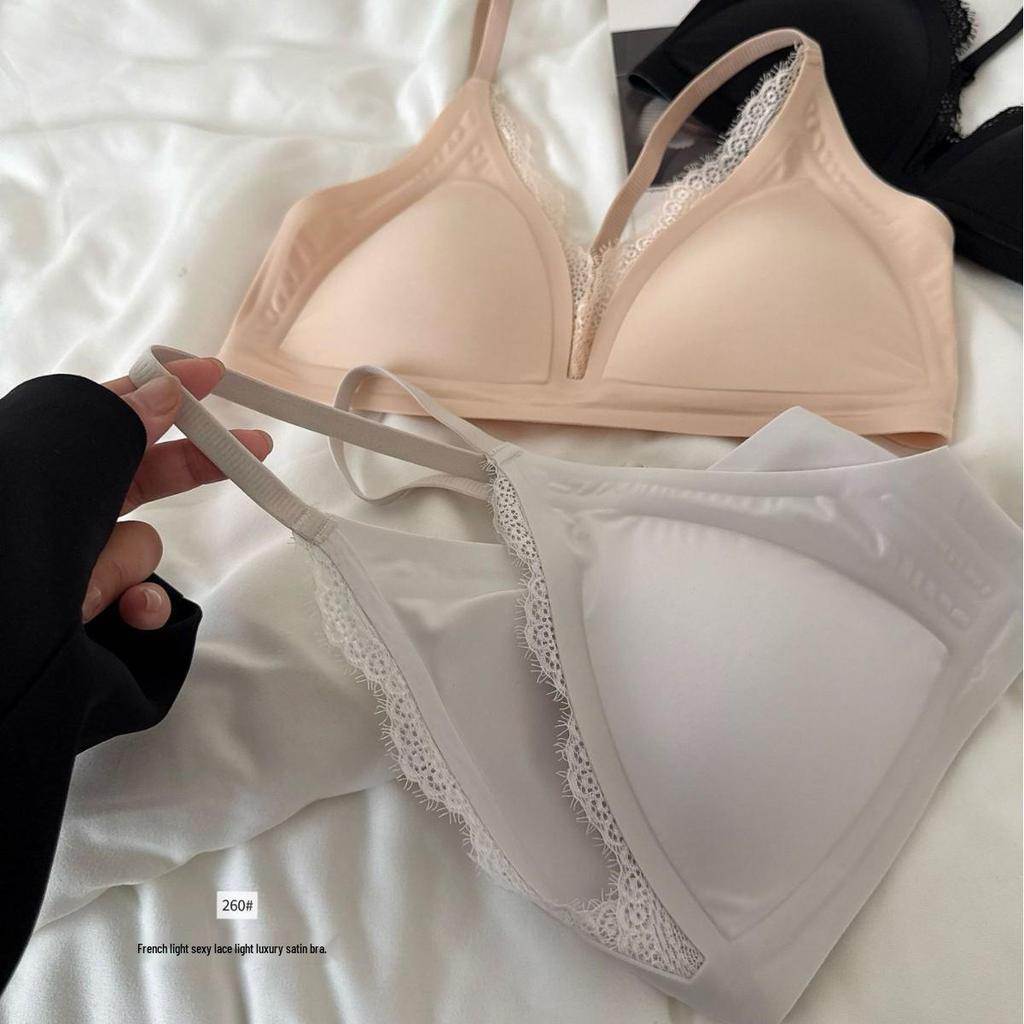 Romantic Satin Eyelash Lace Deep V Bra & Seamless Triangle Thin Cup