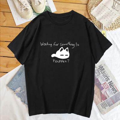 Waiting for Something To Happen Omori Cat Print Damen T-Shirt Shirt Harajuku Kurzarm O-Ausschnitt T-Shirt T-Shirt Tops Kleidung