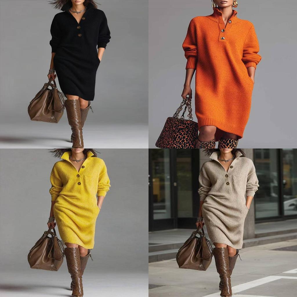 Knit Dress For Women Oversized Turtleneck Sweater Dress With Buttons For Casual Wear